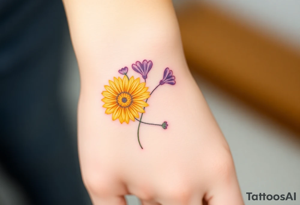 Yellow daisy flower with Purple Hearts tattoo idea