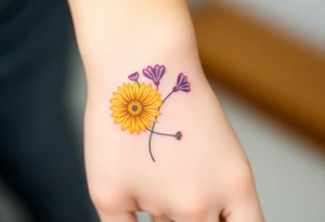 Yellow daisy flower with Purple Hearts tattoo idea