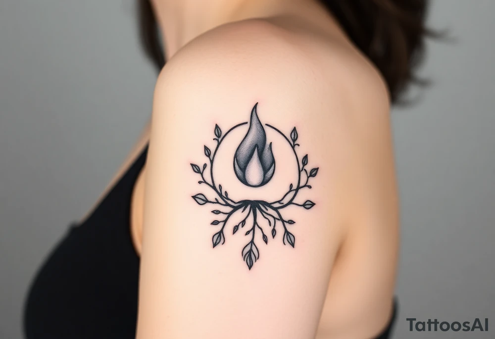 flame in a blooming roots circle tattoo idea