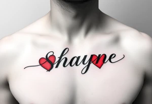Shayne written with red hearts simple yet beautiful on chest tattoo idea