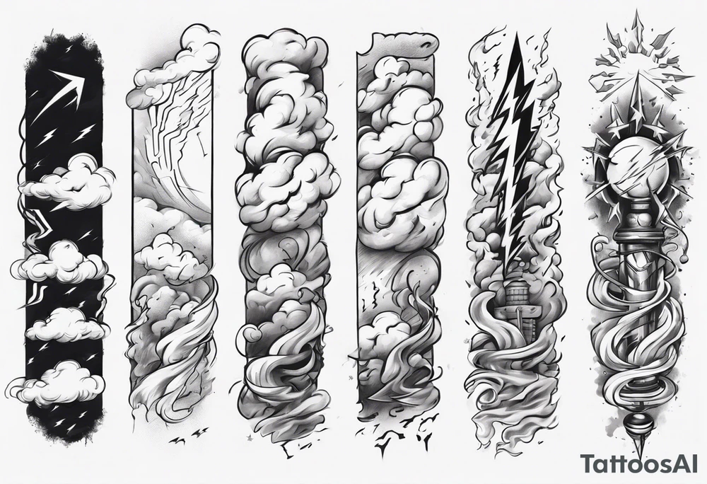 forearm sleeve lightning and clouds pattern tattoo idea