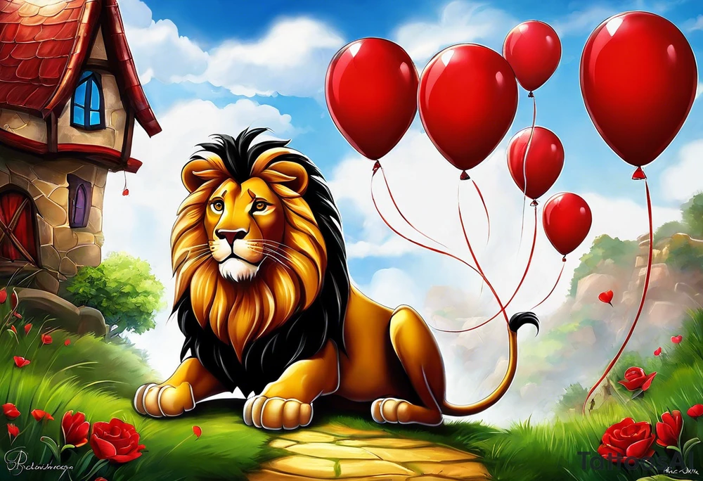 tattoo design should be in the layout of the famouse picture"small princ"  where it should remind me that I survived,and my life was saved by my husband, and he should be represented in the tattoo as a young lion holding a balloon held in the muzzle.
The baloon which is red and in Hearth shape. The whole body of lion should be visible and more abstract not so realistic.The lion is holding the string of the baloon in the muzzle. The string from the balloon should have a heartbeat pulse.The baloon should be red colored, and the rest of the image should be black only. tattoo idea