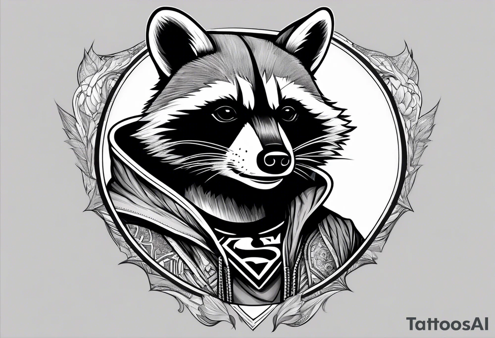 raccoon wearing a Superman hoodie tattoo idea