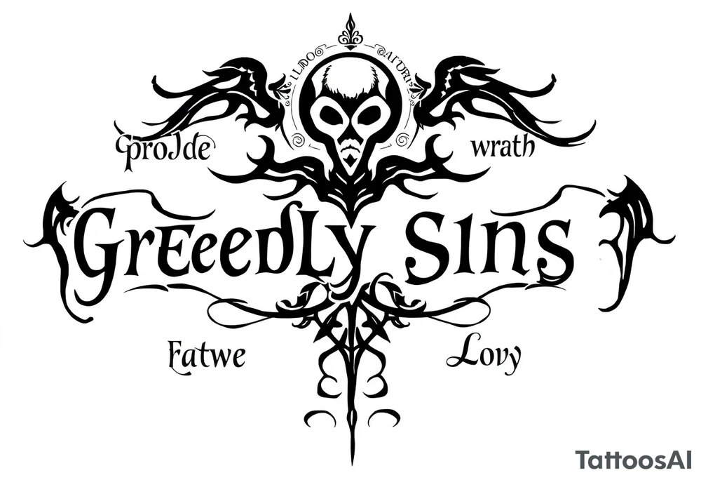 powerful sexy seven deadly sins stencil  with words greed, pride, gluttony, wrath, lust, sloth and envy, with a darkness kind of feeling  and storms tattoo idea