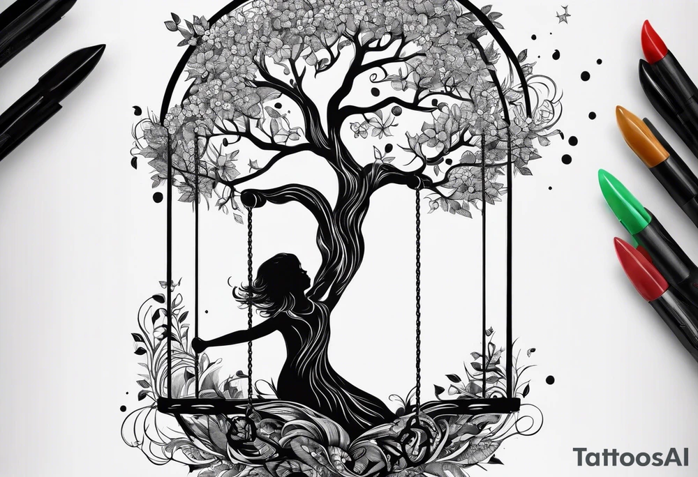 little girl swinging under a tree of life tattoo idea