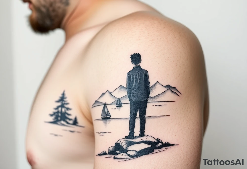 I want a minimalist design that will go on my right bicep, of a man's silhouette of a man on a shoreline, with a tree to his left, looking out at mountains in the distance, and a sailboat in the foreground.  but I want this around the arm, elbow and bicep area.  more of a wrap around on the arm please.   bottom left is okay, but less focus on the man's silhouette.  on the arm, not on the shoulder tattoo idea
