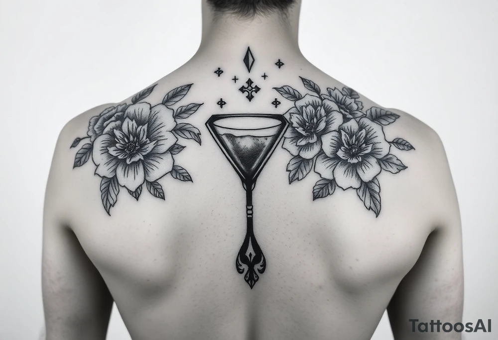 Feminine, full back tattoo, florals on the shoulder with an hourglass in the middle and Mendola lines tattoo idea