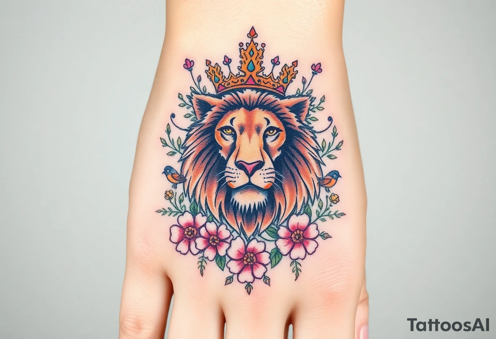 powerful majestic lion with a crown, surrounded by floral ornaments and birds tattoo idea