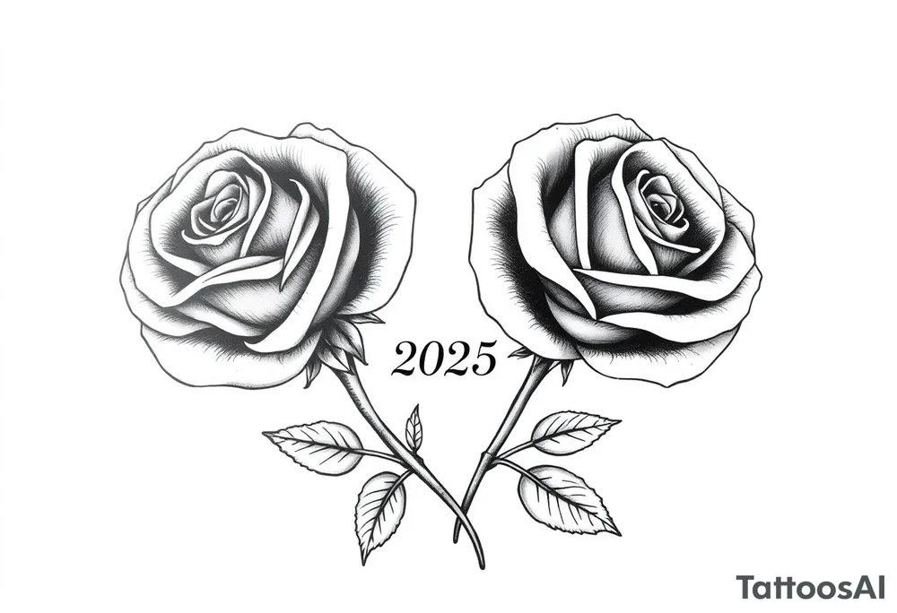 two big beautiful roses with their stems intertwined, separated by "2025" noted between them tattoo idea