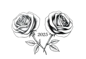 two big beautiful roses with their stems intertwined, separated by "2025" noted between them tattoo idea