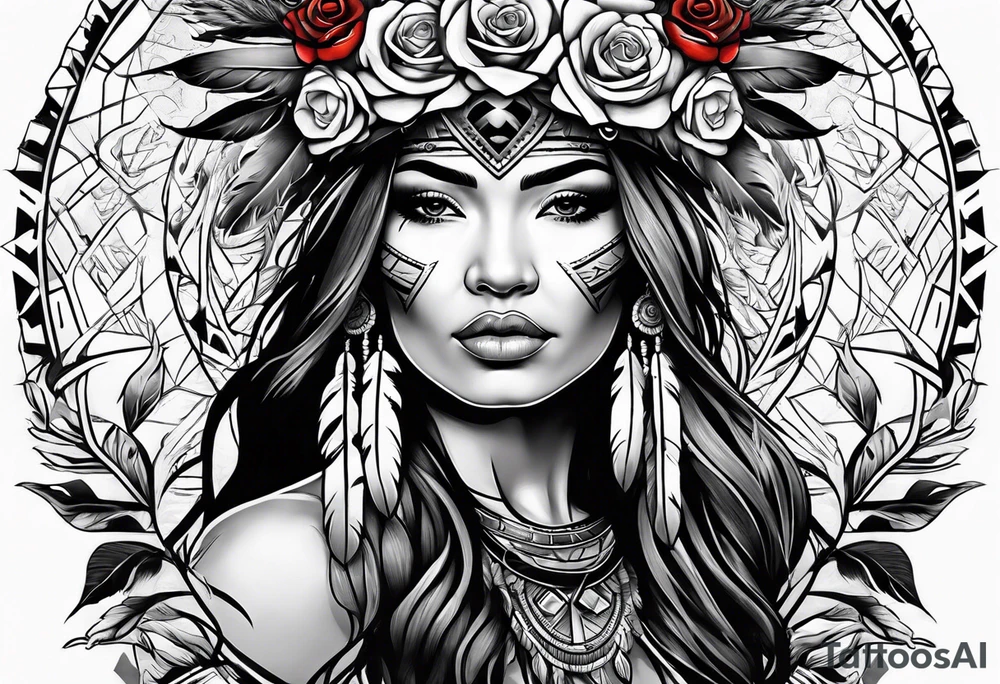 Native American woman chief with roses tattoo idea