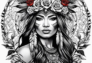 Native American woman chief with roses tattoo idea