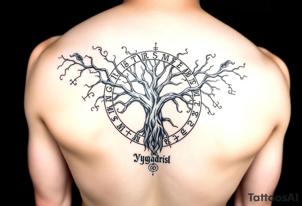 yggadrisl tree of life with circle of runes tattoo idea