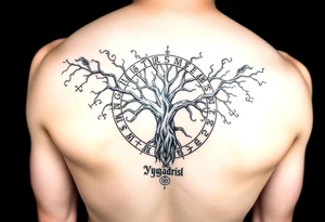yggadrisl tree of life with circle of runes tattoo idea