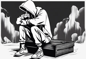 a guy in a hoodie sitting on a wooden box, looking down. Make it feel contemplative, as if you're viewing it from 10 meters away. tattoo idea