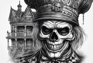 Gothic skull clown with haunted house tattoo idea