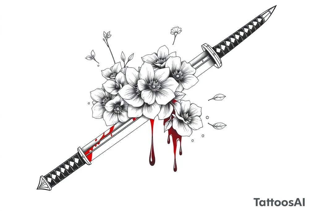 Katana with flowers and blood on the blade tattoo idea