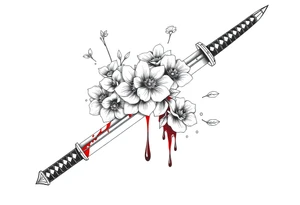 Katana with flowers and blood on the blade tattoo idea