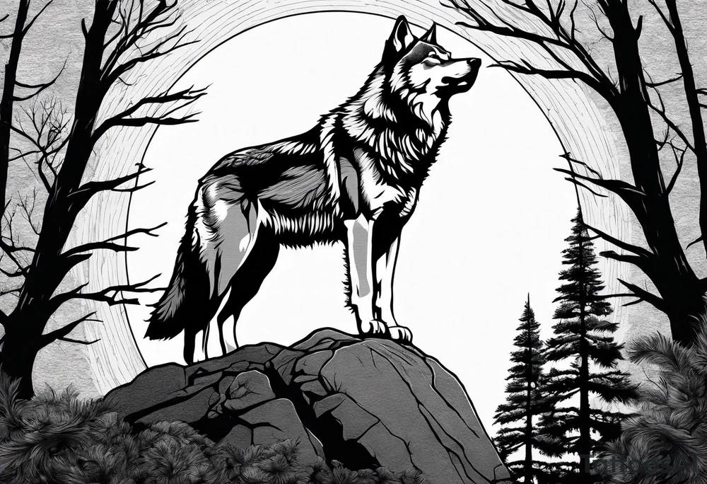 Wolf on top of a rock howling at the full moon, surrounded by trees tattoo idea