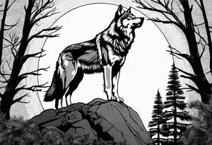 Wolf on top of a rock howling at the full moon, surrounded by trees tattoo idea