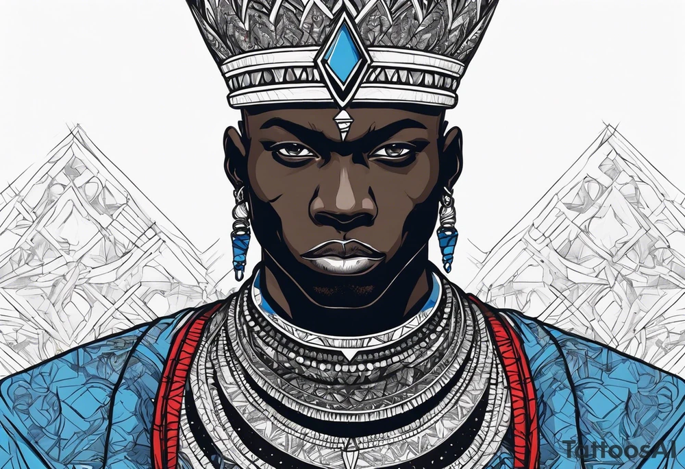 Black-skinned bald african warrior. He wears a simple and small silver crown. He uses blue and red necklaces tattoo idea