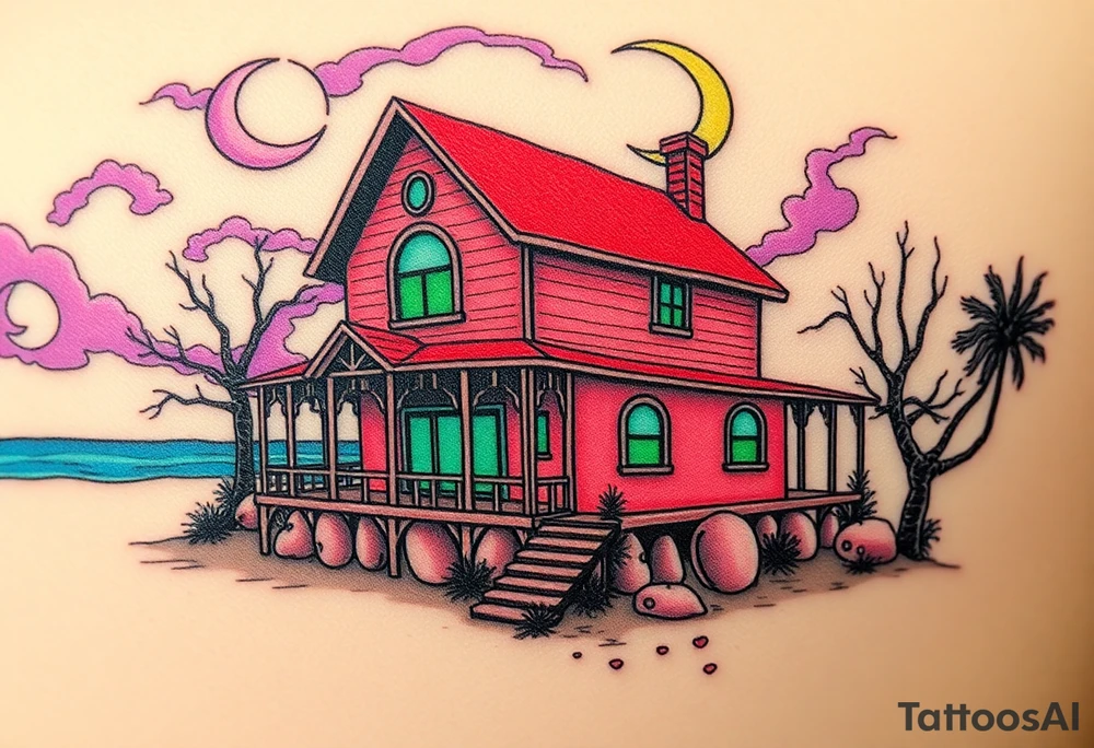 Tim Burton’s haunted pastel beach home is abandoned and dripping with muted reds, dusty pinks, and eerie green glow.purple and cyan smokey clouds swirl in the crescent moonlit sky thats sprinkled with stars tattoo idea tattoo idea