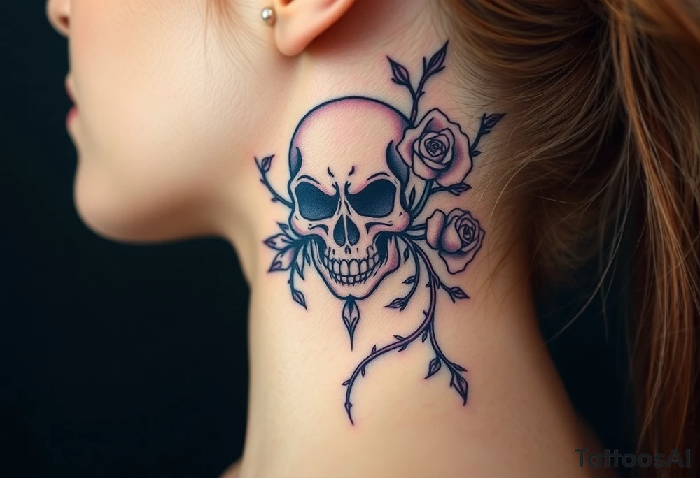 gothic skull intertwined with climbing roses and thorny vines tattoo idea