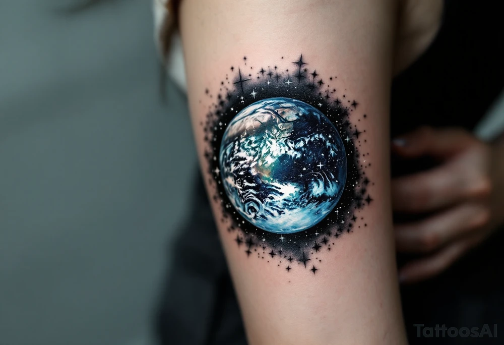 An Earth viewed from space in deep sapphire and viridian is surrounded by a black ink starfield. tattoo idea