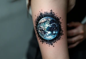 An Earth viewed from space in deep sapphire and viridian is surrounded by a black ink starfield. tattoo idea