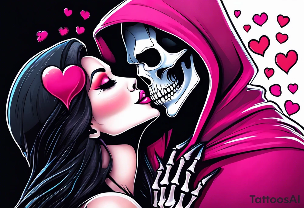 new school tattoo of a male grim reaper with black cloak kissing a female grim reaper in a bright pink cloak with small hearts in pink and red surrounding them , her lips turning from a skeleton to the rest of her face turning into normal skin tattoo idea