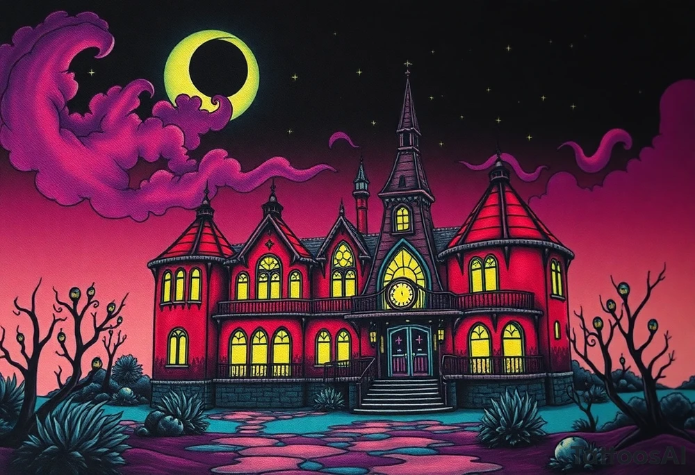 Tim Burton’s haunted casino is abandoned and dripping with muted reds, dusty pinks, and eerie green glow.purple and cyan smokey clouds swirl in the crescent moonlit sky thats sprinkled with stars tattoo idea tattoo idea