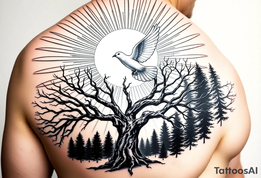 Here’s a detailed description for your tattoo generator:

"A hyper-realistic tattoo design strictly placed on the upper shoulder. The design features radiant, sharp-edged sun rays extending outward from the top of the shoulder, converging towards a bright, circular sun located at the center. A white dove is in mid-flight, wings fully spread, positioned directly in front of the sun, with its body silhouetted against the glowing rays.

Below the sun and dove is a strikingly detailed poison tree, featuring thick, twisted roots and gnarled branches extending upward. The branches have a jagged, barren appearance, adding a sense of mystery and intensity. At the base of the tree is a serene forest scene, with rows of tall, shadowy evergreen trees receding into the background to create depth and balance.

The entire design is rendered in black and grey realism, with a strong emphasis on contrast and shading to create a three-dimensional effect. The skin of the person is visible in a natural tone, and the tattoo blends seamlessly into the contours of the shoulder, with the design wrapping slightly toward the front and back without losing its central focus. The overall composition merges elements of peace (dove and sun) with mystery (poison tree and forest), creating a harmonious yet striking visual impact." tattoo idea