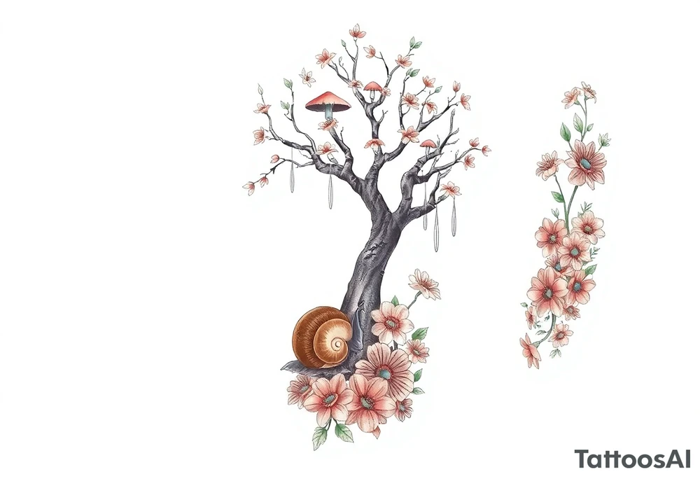 Fall themed sleeve with a tree surrounded by mushrooms, a snail, add some falling leaves off the tree branches, falling rain, and fall themed flowers as background filler tattoo idea