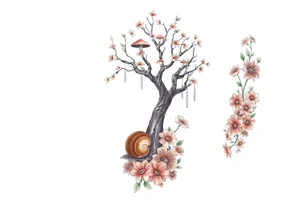 Fall themed sleeve with a tree surrounded by mushrooms, a snail, add some falling leaves off the tree branches, falling rain, and fall themed flowers as background filler tattoo idea