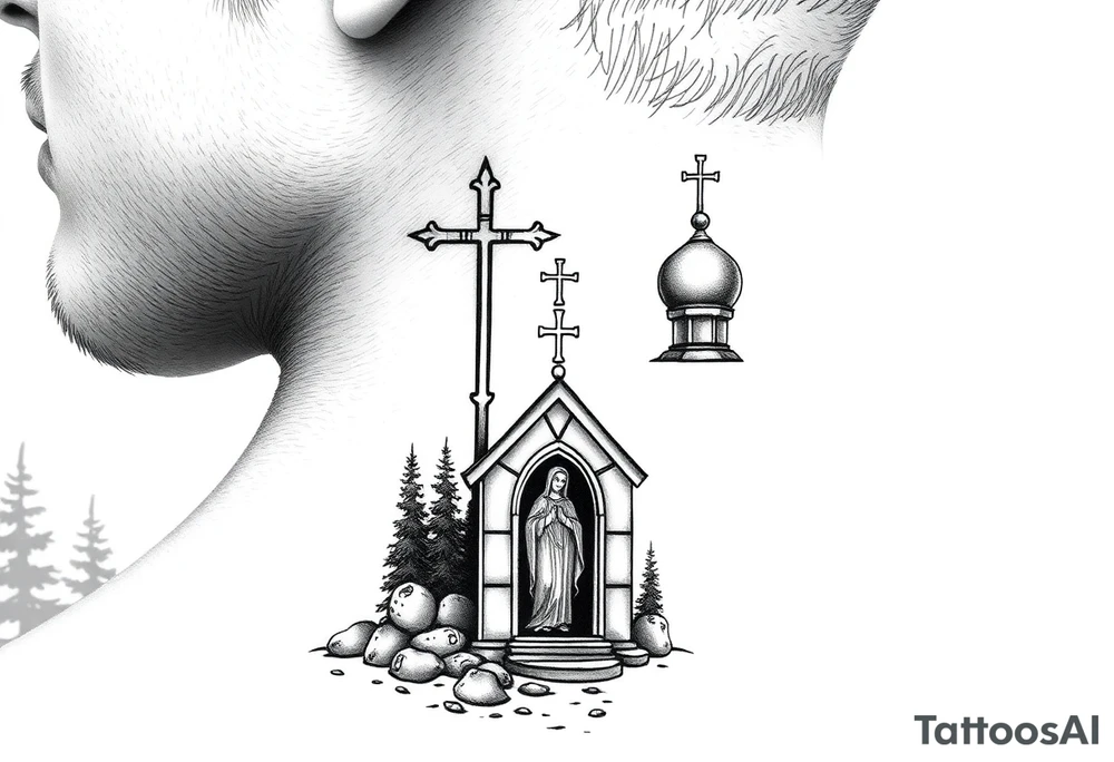 russian design traditional christian orthodox cross with a virgin mary stood beside the entrance of a russian orthodox dome church on the side of the neck in a wilderness setting with the design spread out the side of the neck tattoo idea