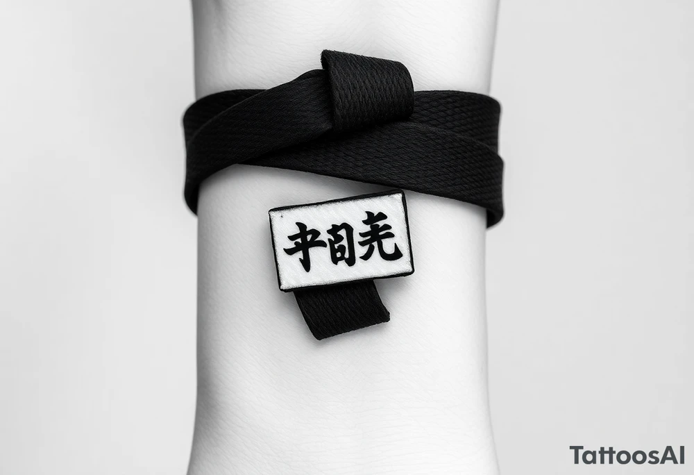 A realistic black and gray tattoo of a Brazilian Jiu-Jitsu black belt wrapping around the wrist like a bracelet. The belt is tied in a knot with one end showing the number 30 and the other showing 24. On the flat end of the belt, two Japanese kanji characters are inked in white: 成長 (growth) and 忍耐 (perseverance). The belt has subtle stitch marks and worn, textured shading for a slightly distressed, authentic look. tattoo idea