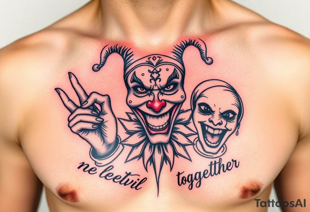 jester see no evil hear no evil speak no evil laugh now cry later together tattoo idea