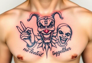 jester see no evil hear no evil speak no evil laugh now cry later together tattoo idea