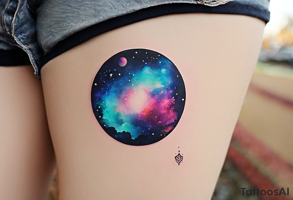 I want a nebula space galaxy s kinda shape 
tattoo that's colorful and bright and cute and is nice to look at I don't want a traditional circle I want it like the ones thay look like an s shape and this tattoo will be on my left buttcheek and light colors I want more spread and less circle side to life Left to right a spiral galaxy in prominently blue light or dark tattoo idea