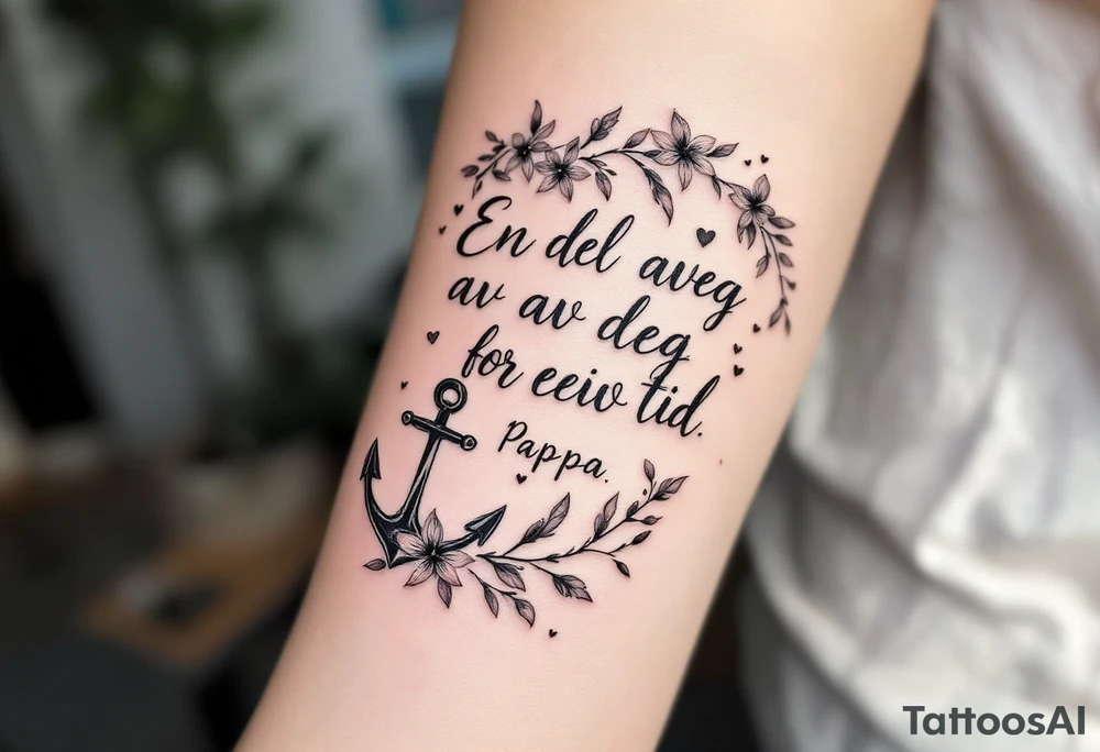 Quote: "En del av deg for evig tid. 
Pappa 20.12.24"
Surround the quote with delicate long gladious, notes, hearts and an anchor tattoo idea