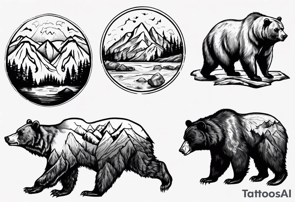 Bear with mountains, forest, rivers etc inside of it tattoo idea