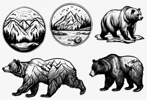 Bear with mountains, forest, rivers etc inside of it tattoo idea