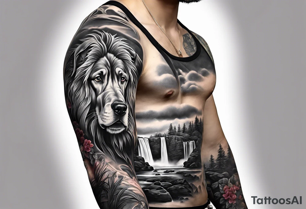 Full arm sleeve. Great Danes together exploring waterfall tattoo idea