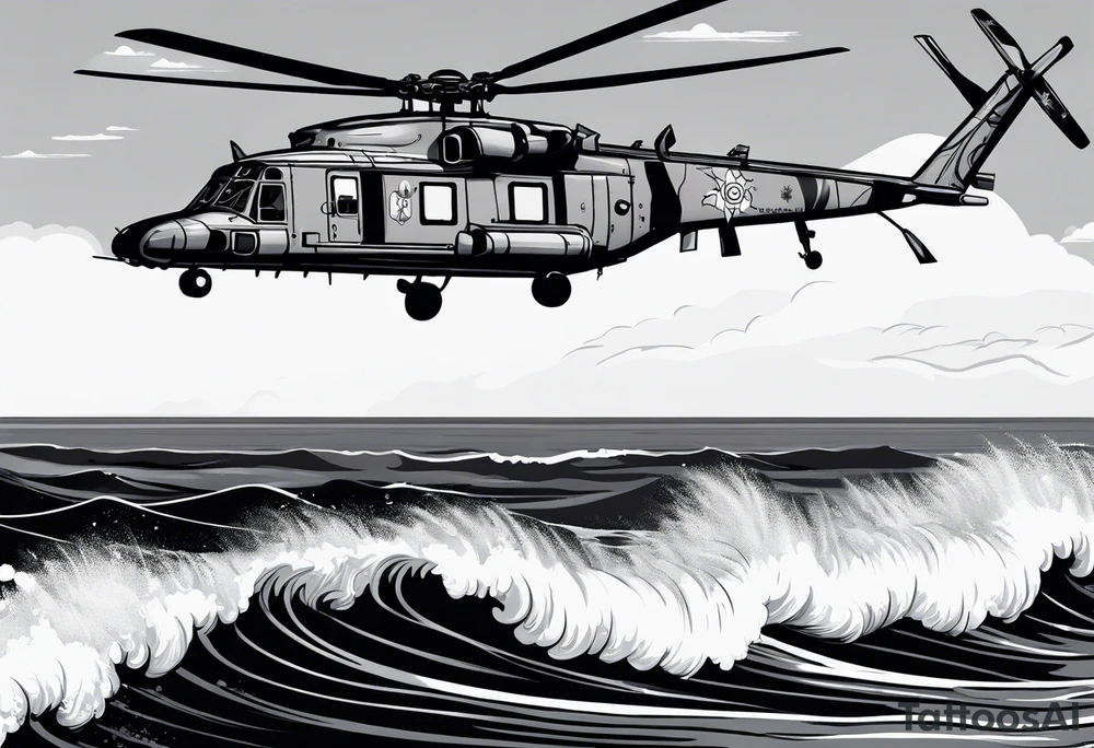 Canadian military grey CH-148 Cyclone helicopter soaring low over rough, ocean waves. In the background, a poppy be prominently displayed tattoo idea