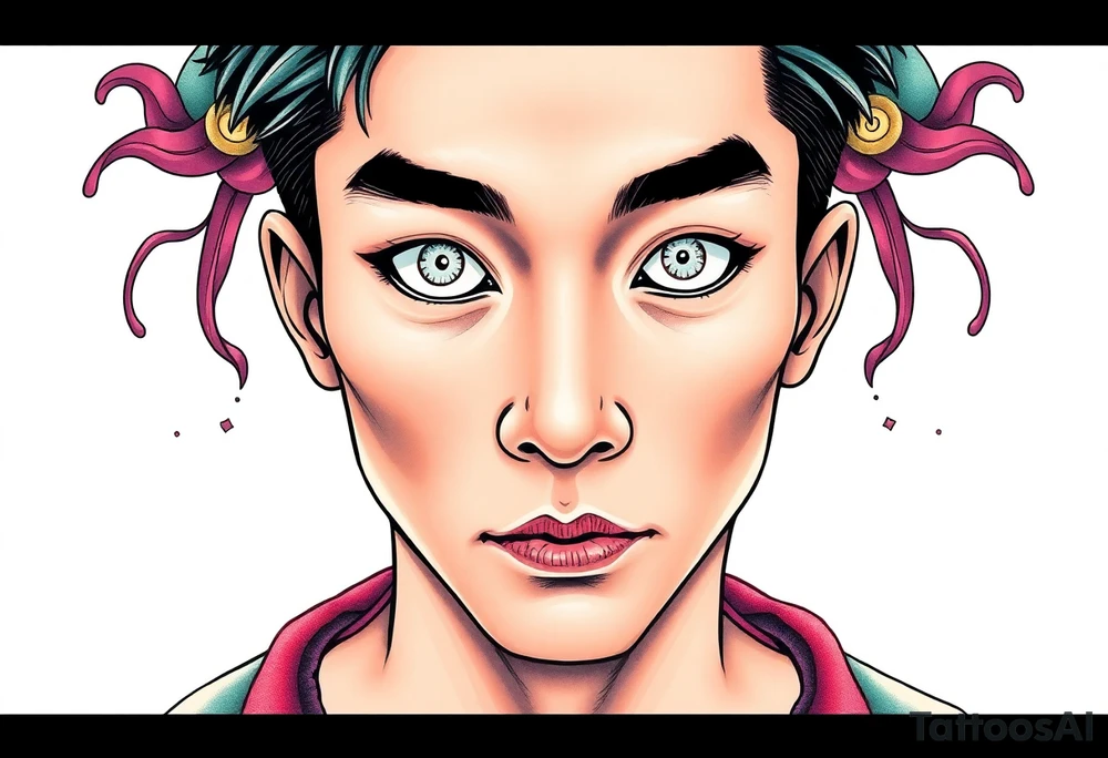 Handsome Asian young guy with white eyes tattoo idea