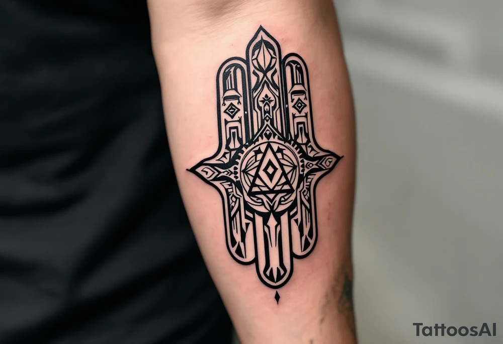 A tribal-inspired Hamsa with bold black lines and ancient symbols, evoking strength and ancestral protection. tattoo idea