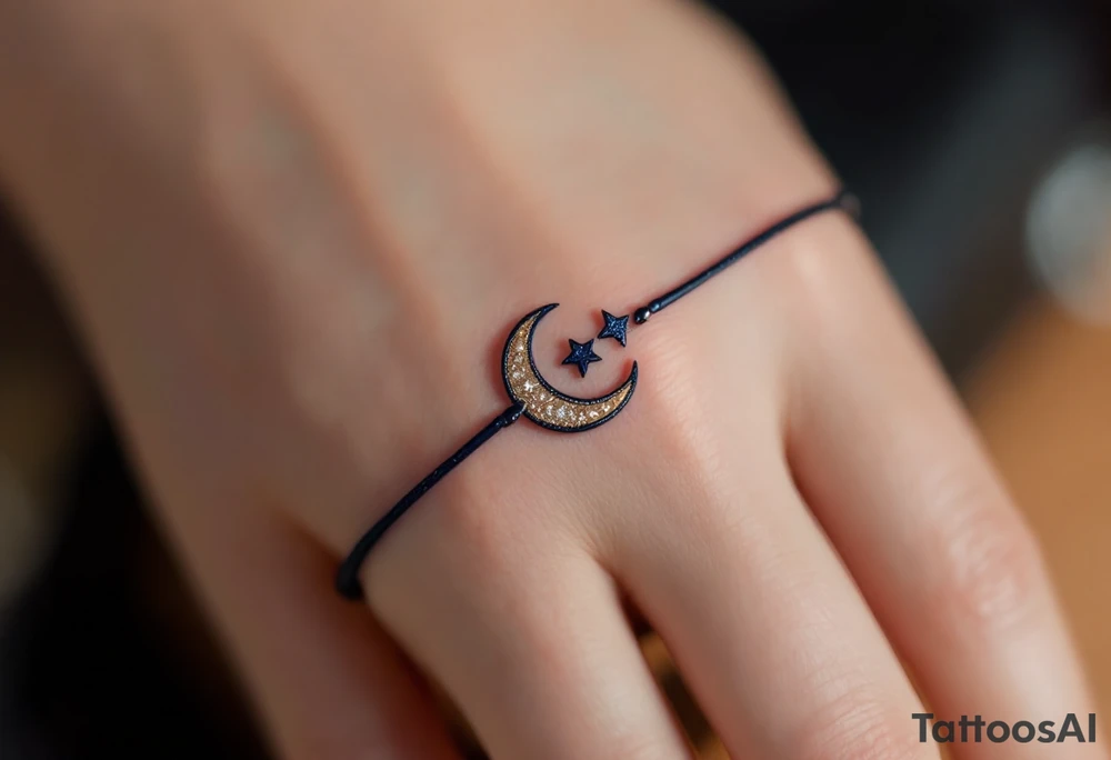 A dark midnight blue finger band with a crescent moon and star, softly glowing in silver and gold, representing cosmic love. tattoo idea