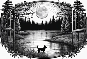 A forest with a lake. In the middle of the lake there is a gate. Outside of the gate sitting a yorkshire terrier. Full moon on backroun. The moon is crying. tattoo idea