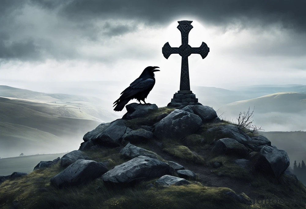 A stone Celtic cross solemnly standing atop a hill, a raven perches atop the cross staring out over the desolation. A ruined stone wall lies crumbling near the cross. Mist rolls along the hilltops adding to the melancholic nature of the scene tattoo idea