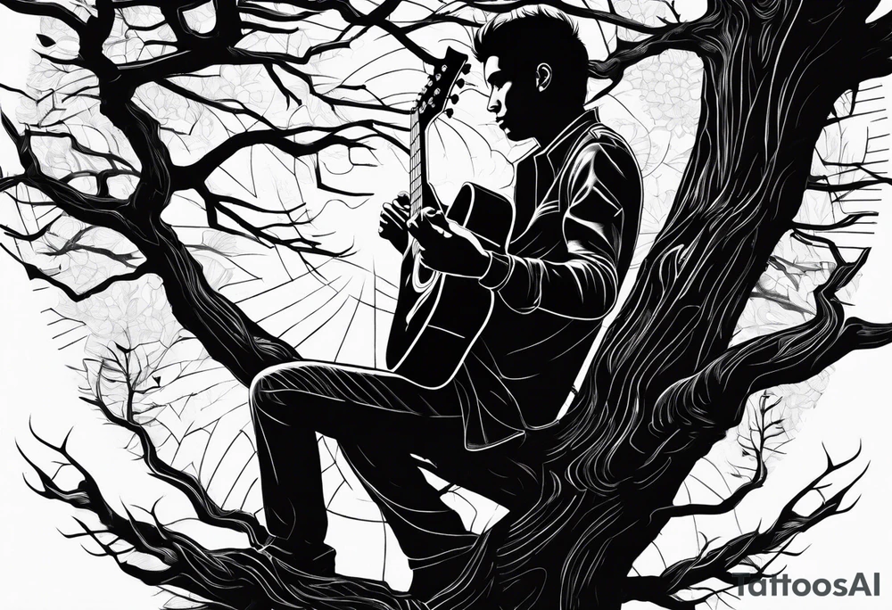 silhouette of a man sitting on a pine tree branch, playing electric guitar tattoo idea